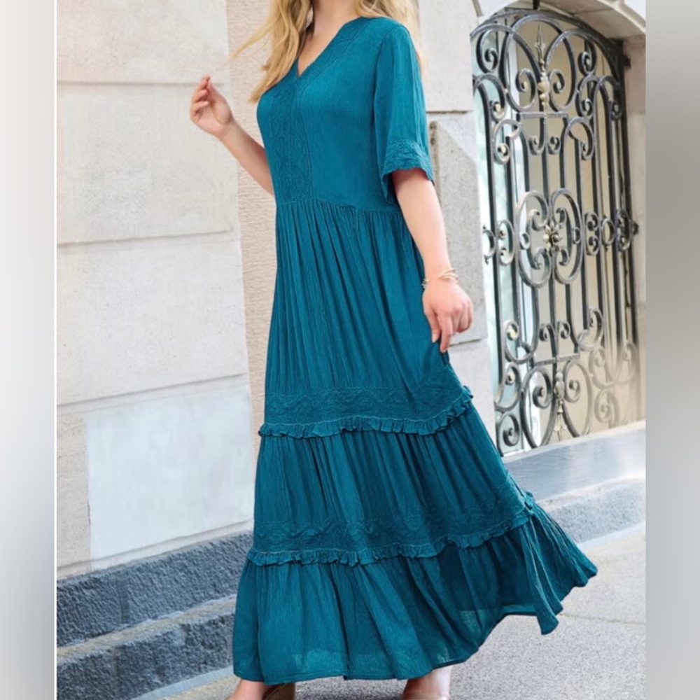 Roaman’s Women 3X 30/32 Teal Boho Ruffle Tiered Lace Crinkle Maxi Dress NWT - Picture 2 of 12